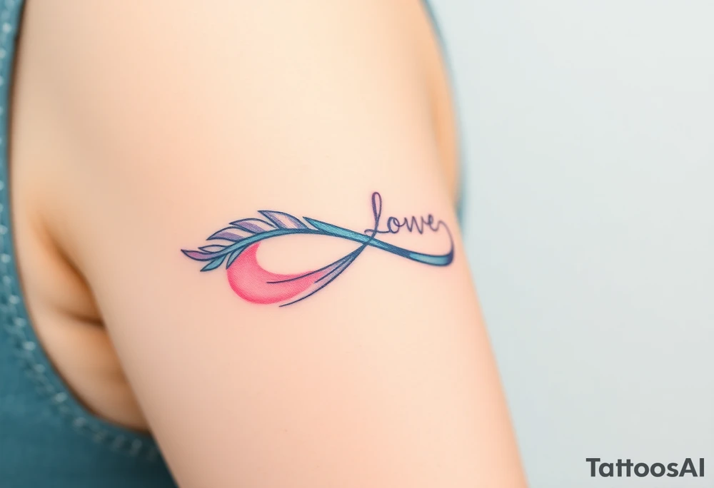 A feathered infinity symbol in shades of light blue and pink, with "Love" appearing as if softly whispered into the design tattoo idea
