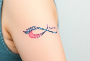 A feathered infinity symbol in shades of light blue and pink, with "Love" appearing as if softly whispered into the design tattoo idea