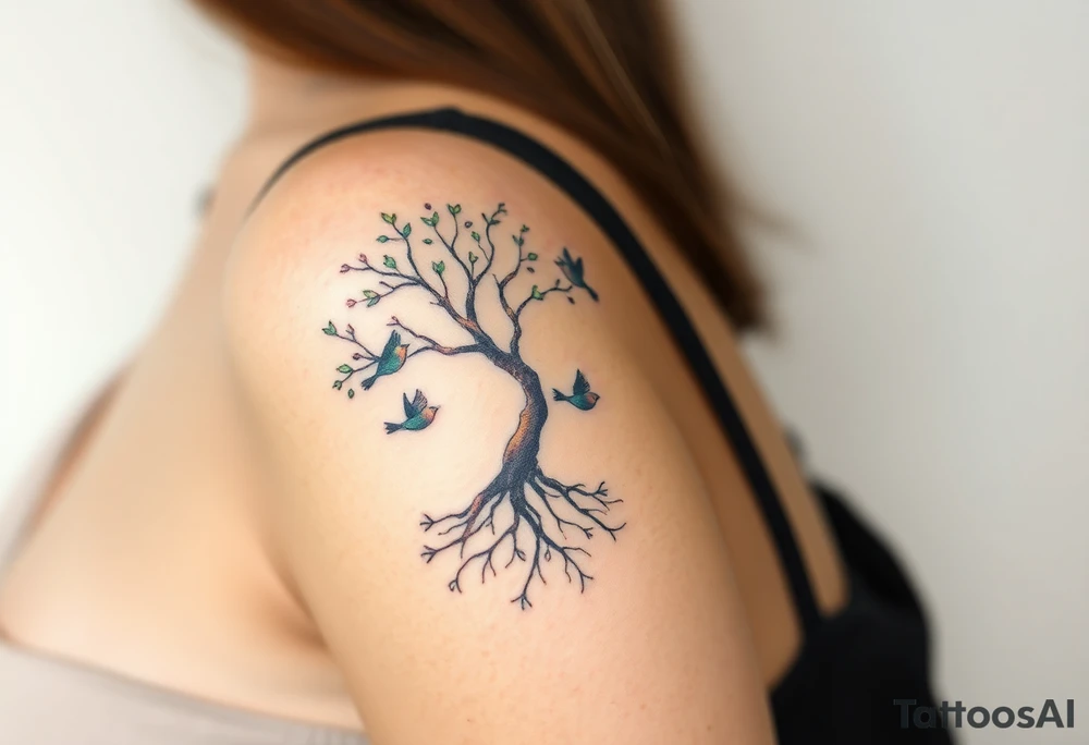 A delicate tree with deep roots with four tiny birds flying from its branches, representing the growth and independence of each family member tattoo idea