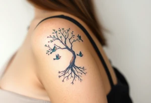 A delicate tree with deep roots with four tiny birds flying from its branches, representing the growth and independence of each family member tattoo idea