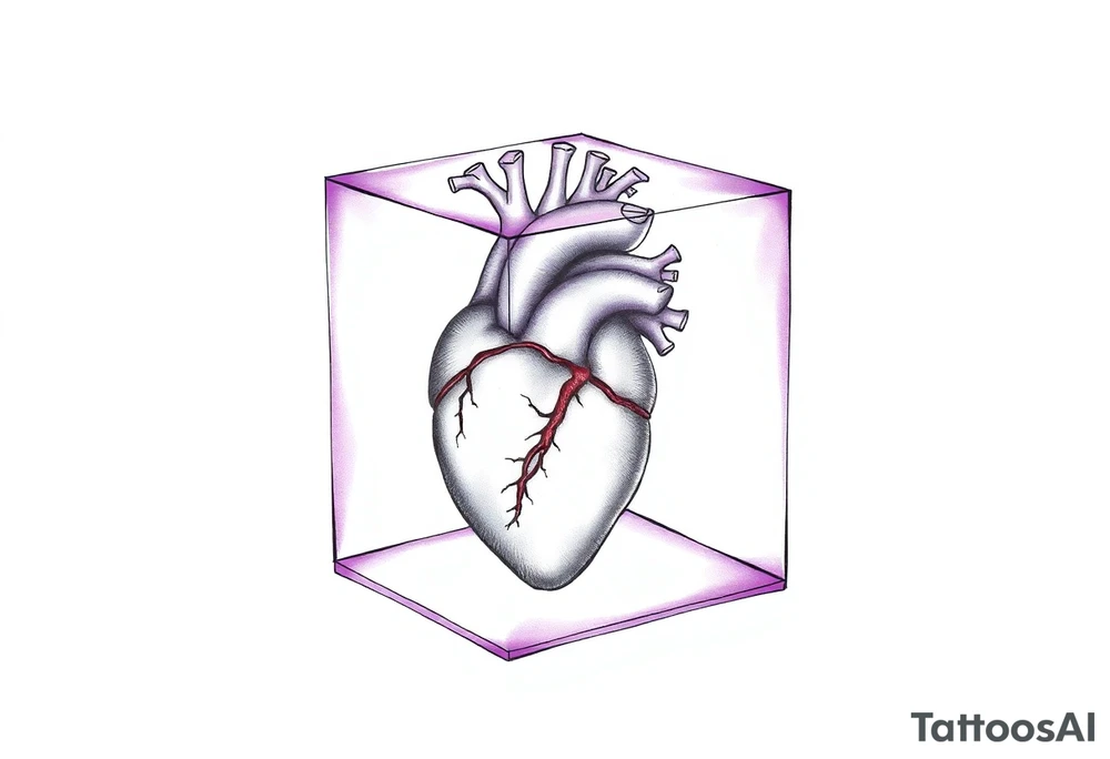 A translucent purple cube with an anatomical heart inside tattoo idea