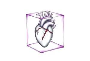 A translucent purple cube with an anatomical heart inside tattoo idea