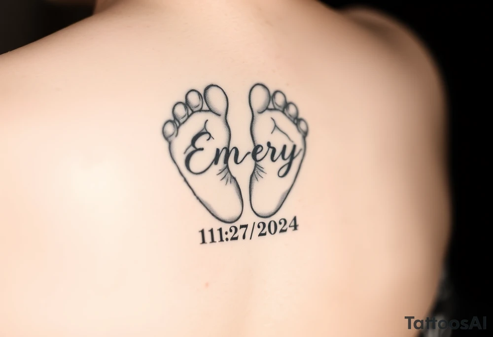Baby feet with the name Emery and his date of birth in Roman numbers 11/27/2024 and his weight 5 pounds 12 ounces tattoo idea