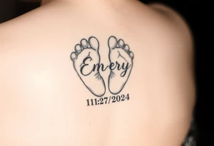 Baby feet with the name Emery and his date of birth in Roman numbers 11/27/2024 and his weight 5 pounds 12 ounces tattoo idea