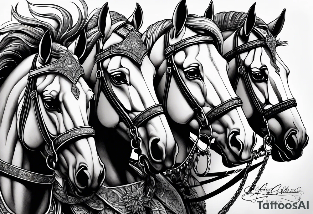 Os quatro cavaleiros do apocalipse lado a lado, com aparência sombria, retratados com seus acessórios e cavalos descritos conforme a biblia. tattoo idea