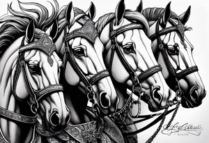 Os quatro cavaleiros do apocalipse lado a lado, com aparência sombria, retratados com seus acessórios e cavalos descritos conforme a biblia. tattoo idea