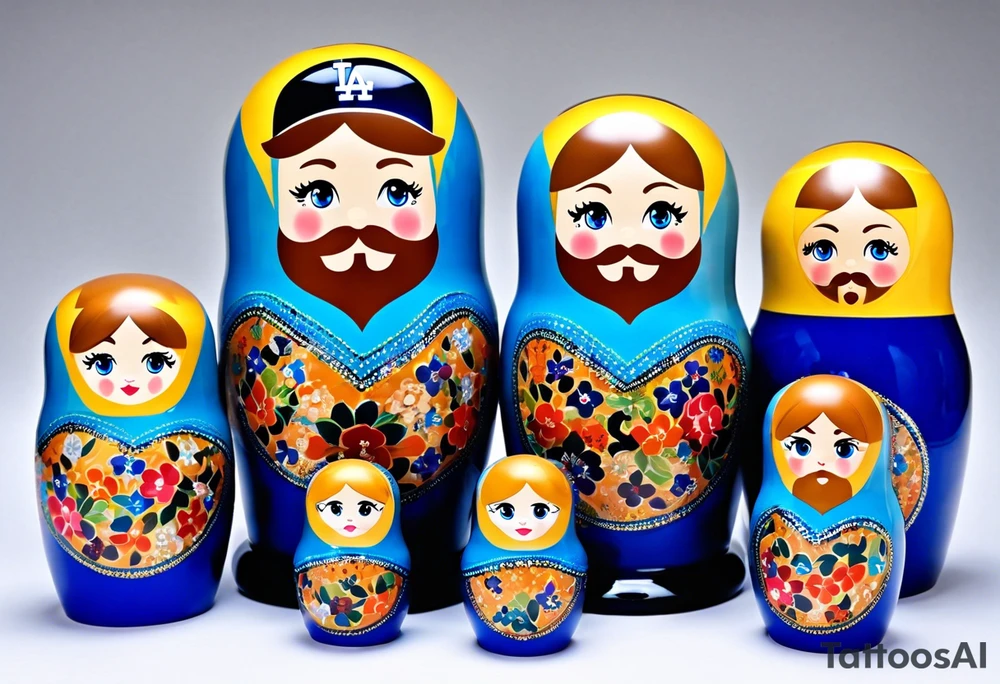 Matryoshka doll family of 4. Each separate doll is designed based on their individual description. Father (biggest doll) has full beard, blue eyes, short brown hair, loves LA Dodgers. Mother (second biggest doll) has blonde bob, blue eyes, thick rimmed black glasses, loves leopard print. Son is 4 years old, blue eyes, blonde spiky hair, loves Paw Patrol. Daughter is 2 years old, blue eyes, long eyelashes, short light brown bob, loves Bluey. tattoo idea