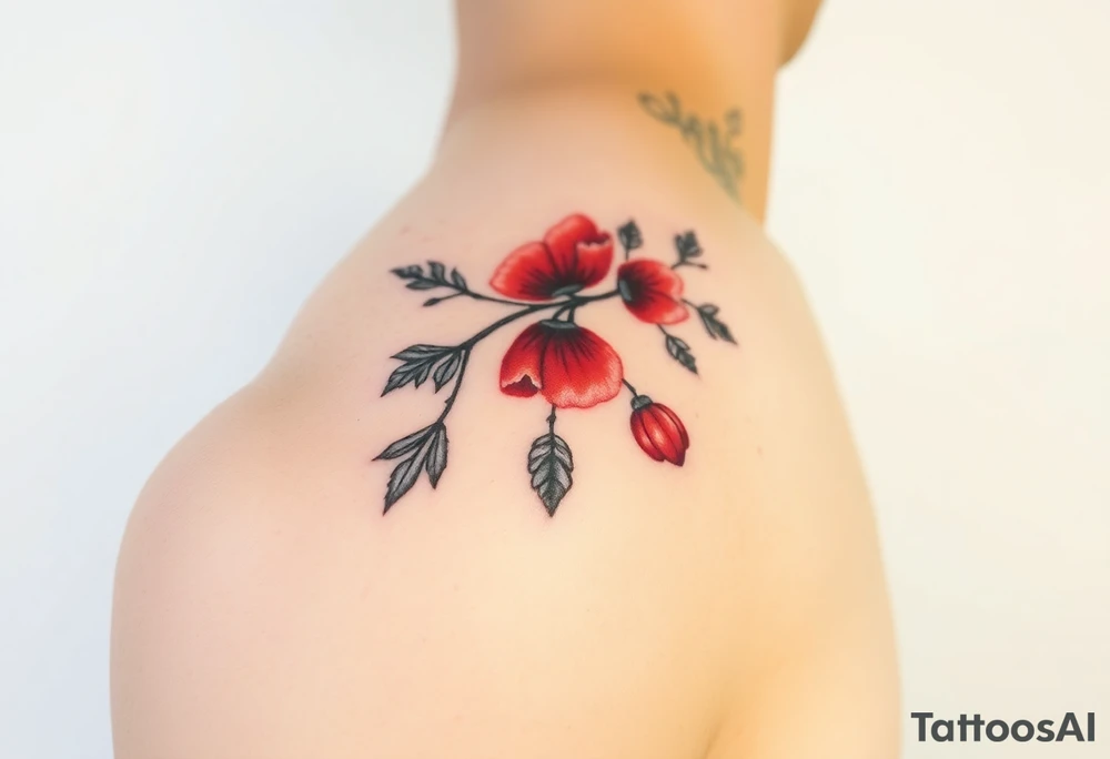 colored tattoo on the shoulder with the image of an oak branch and poppy seeds tattoo idea