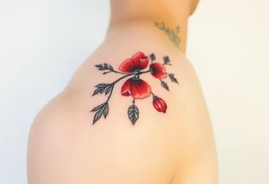 colored tattoo on the shoulder with the image of an oak branch and poppy seeds tattoo idea