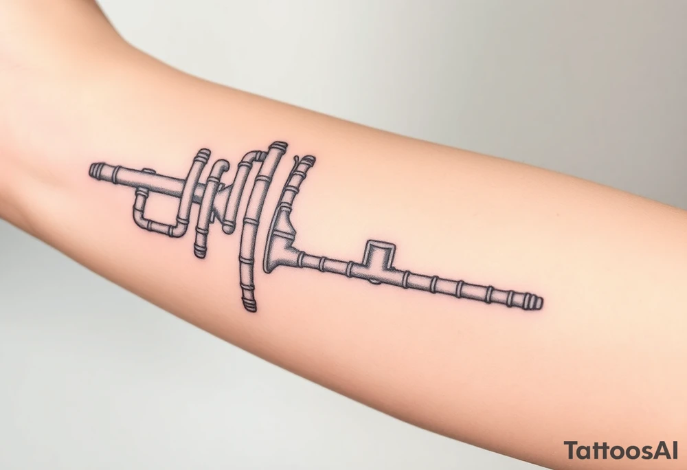 wide vertical System of thin pipes that transitions and transforms outwards of sides and end into thick, widespread 
veins of forearm tattoo idea