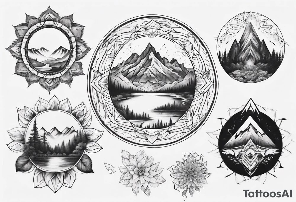 •	Create a mandala incorporating elements of nature like mountains, trees, and rivers to symbolize harmony and balance. tattoo idea
