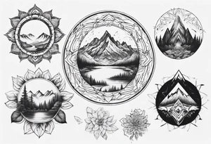 •	Create a mandala incorporating elements of nature like mountains, trees, and rivers to symbolize harmony and balance. tattoo idea