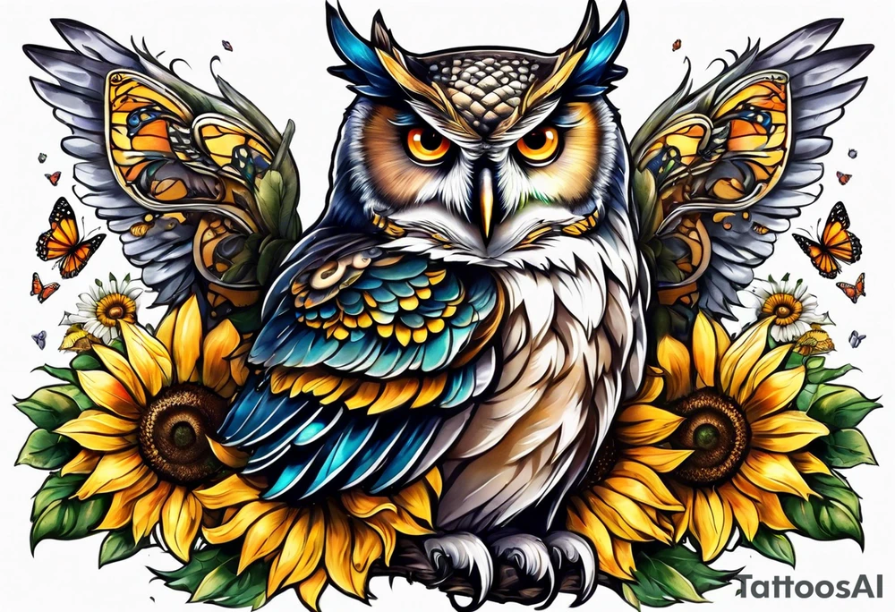 Owl with angel wings surrounded by sunflowers and butterflies sleeve tattoo idea