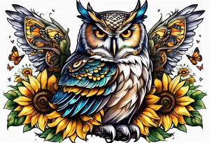 Owl with angel wings surrounded by sunflowers and butterflies sleeve tattoo idea