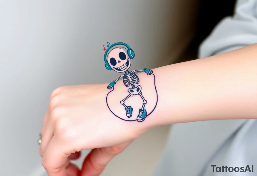 Funny smiley skeleton jumping on a jump rope with blue headphones and blue armbands and blue sneakers with colorful music notes around his head tattoo idea