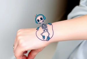Funny smiley skeleton jumping on a jump rope with blue headphones and blue armbands and blue sneakers with colorful music notes around his head tattoo idea