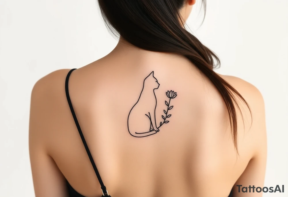 Line tattoo of a cat figure combining into a flower stem with a cute flower tattoo idea