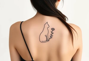 Line tattoo of a cat figure combining into a flower stem with a cute flower tattoo idea