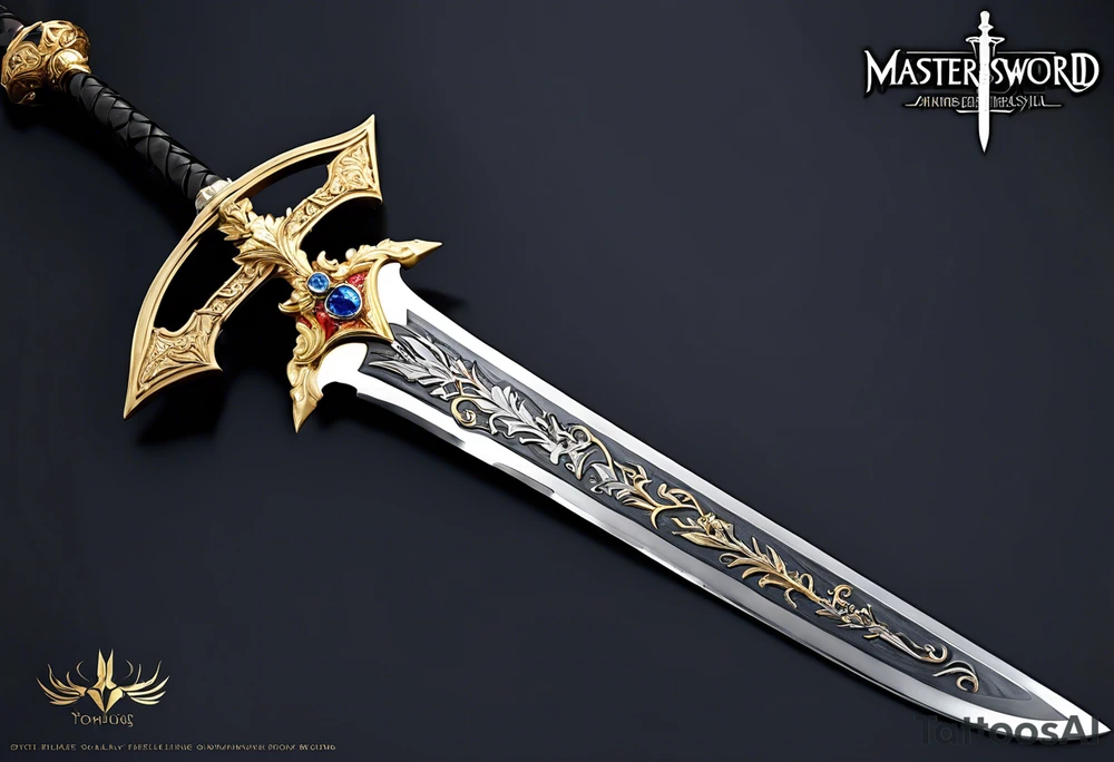 Master Sword with the blade symbolizing unwavering strength. The hilt features delicate, engraved patterns of flowers and leaves to represent kindness. Elemental symbols—fire, water, earth, and air—are subtly placed around the sword, blending seamlessly into the design to highlight the unity of strength and kindness." tattoo idea