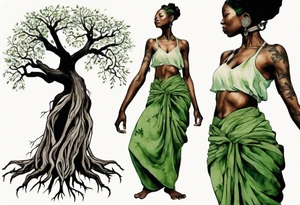 a tree trunk with roots that is a black woman from the waist up, feet made of tree roots, wearing a green tunic, arms stretched upwards towards the noon sun tattoo idea