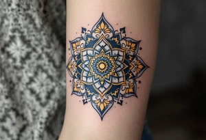 A radiant wheel of dharma (Dharma Chakra) in deep blue and gold, with intricate patterns, symbolizing the path of righteousness. tattoo idea