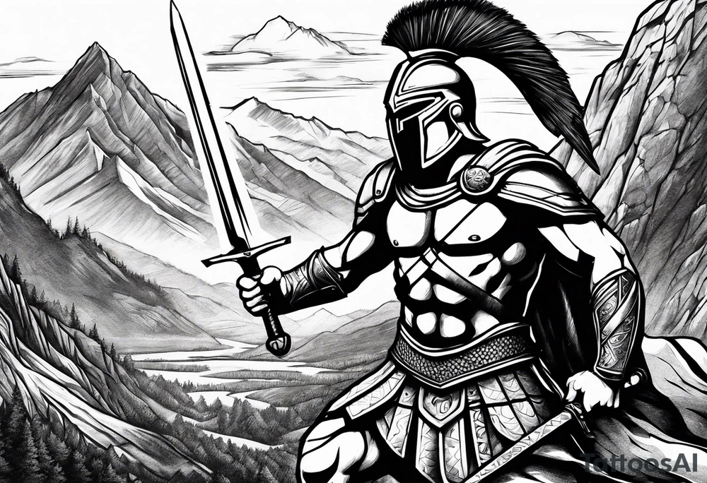 Spartan Warrior Wielding A Sword Surrounded By Mountains Tattoo Idea tattoo idea
