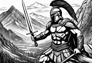 Spartan Warrior Wielding A Sword Surrounded By Mountains Tattoo Idea tattoo idea