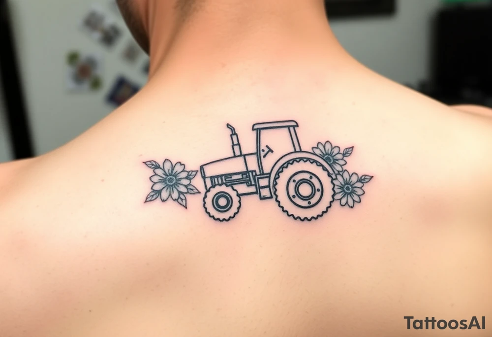 Tiny simple lined tractor tattoo surrounded with flowers tattoo idea