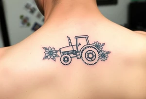 Tiny simple lined tractor tattoo surrounded with flowers tattoo idea