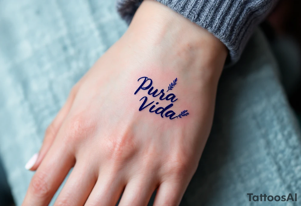 Simple cursive “Pura Vida” inked in navy blue with a small lavender sprig underlining the text. tattoo idea