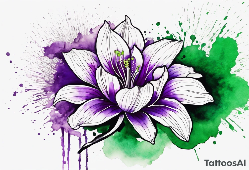 A mystical outline of a rio dipladenia flower and a green and purple watercolor splash in the background tattoo idea