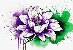 A mystical outline of a rio dipladenia flower and a green and purple watercolor splash in the background tattoo idea