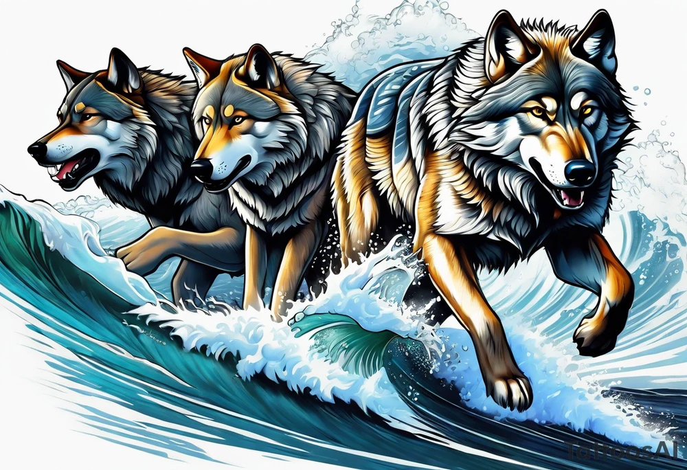 a pack muscular of gray wolves surfing tattoo idea