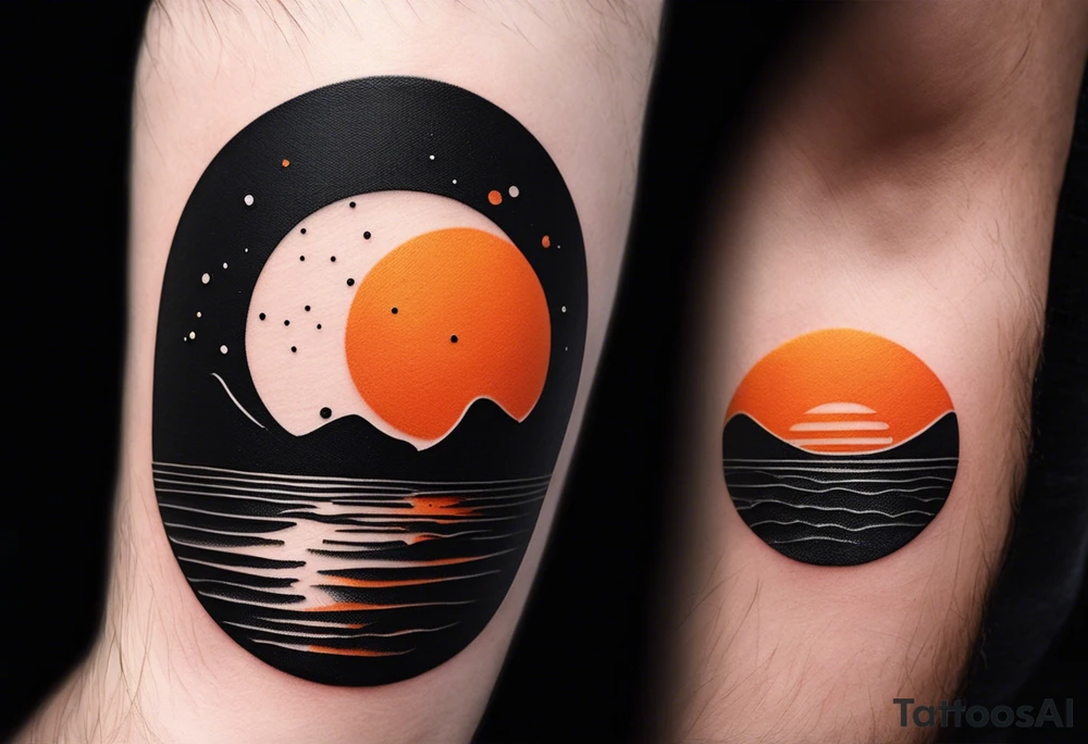 This is an extremely simple and minimalistic tattoo on male forearm. It is black and white with minuscule splashes of orange from the sun. The tattoo 4 inches wide by 2 inches tall. From the perspective of being on the ocean, Water is calm, with no waves in sight, the sun is setting behind the ocean, reflecting light onto the water. The water has shading. tattoo idea