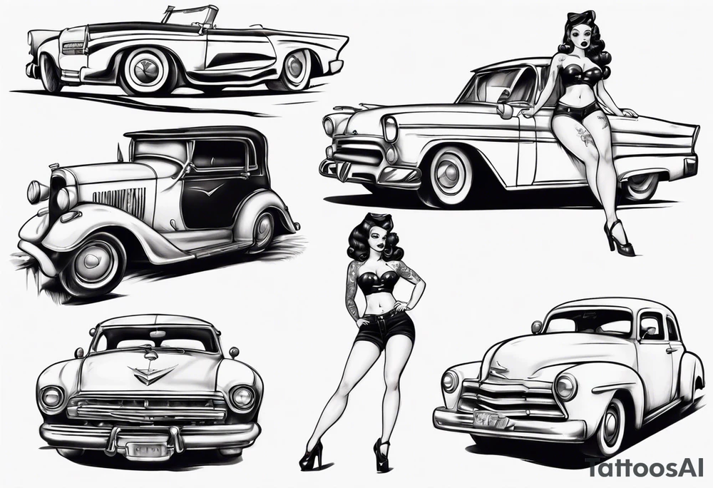 pinup doll sitting on the hood of an old car tattoo idea