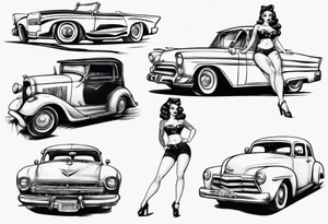 pinup doll sitting on the hood of an old car tattoo idea