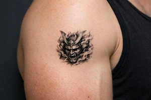 Samurai mask emerging from swirling smoke, black and grey, covering the shoulder. tattoo idea