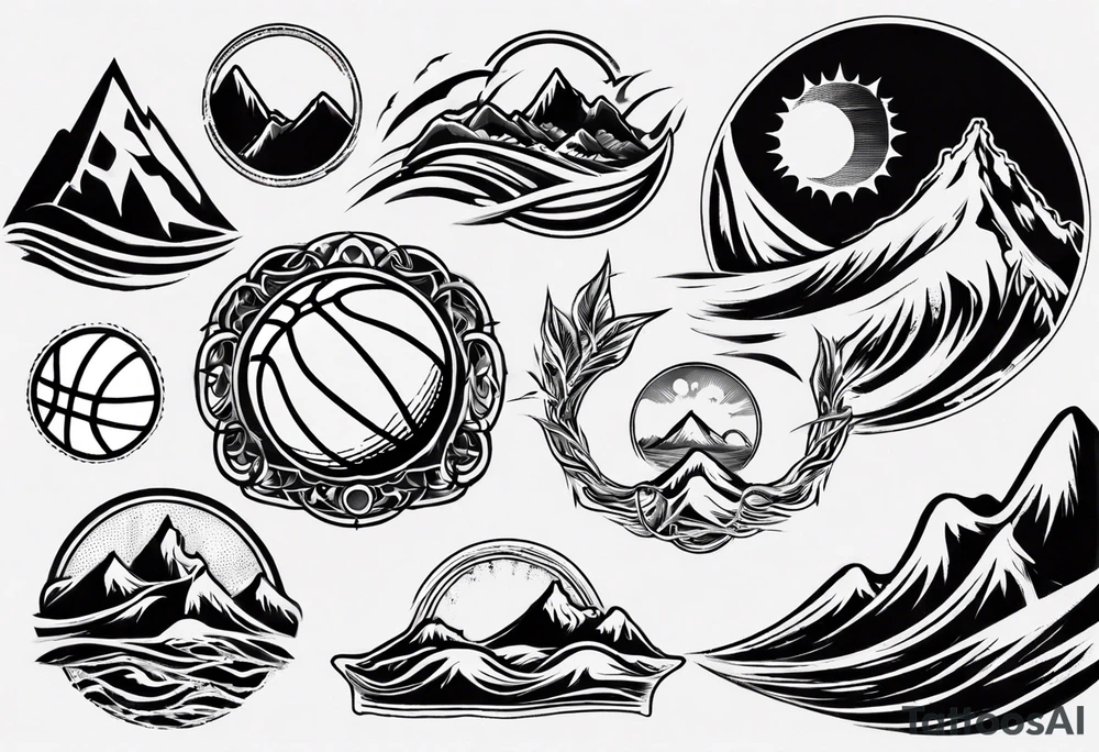 basketball, waves, mountains, sun tattoo idea