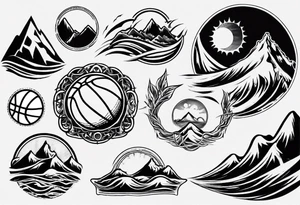basketball, waves, mountains, sun tattoo idea