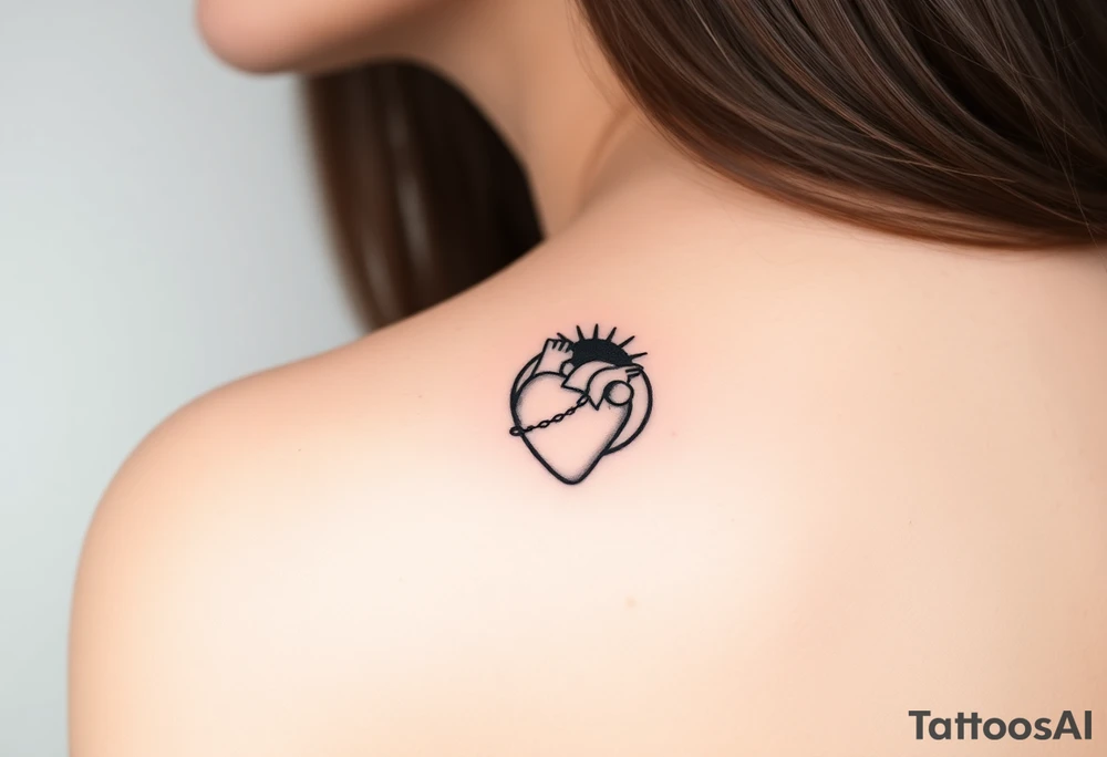 human heart chained within circle sun with a moon inside tattoo idea