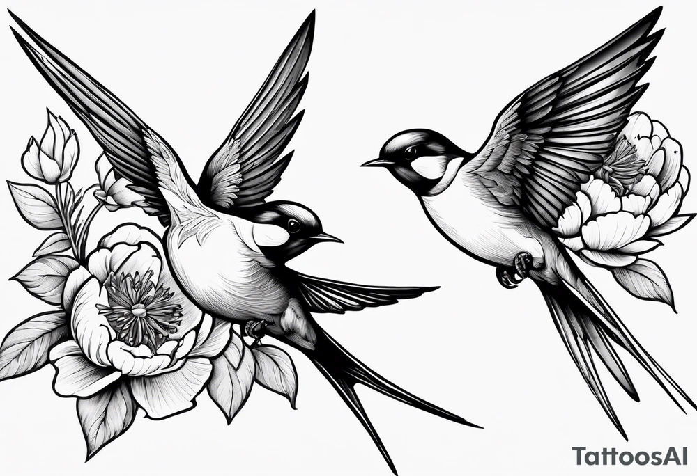 Two swallows in flight with peonies tattoo idea