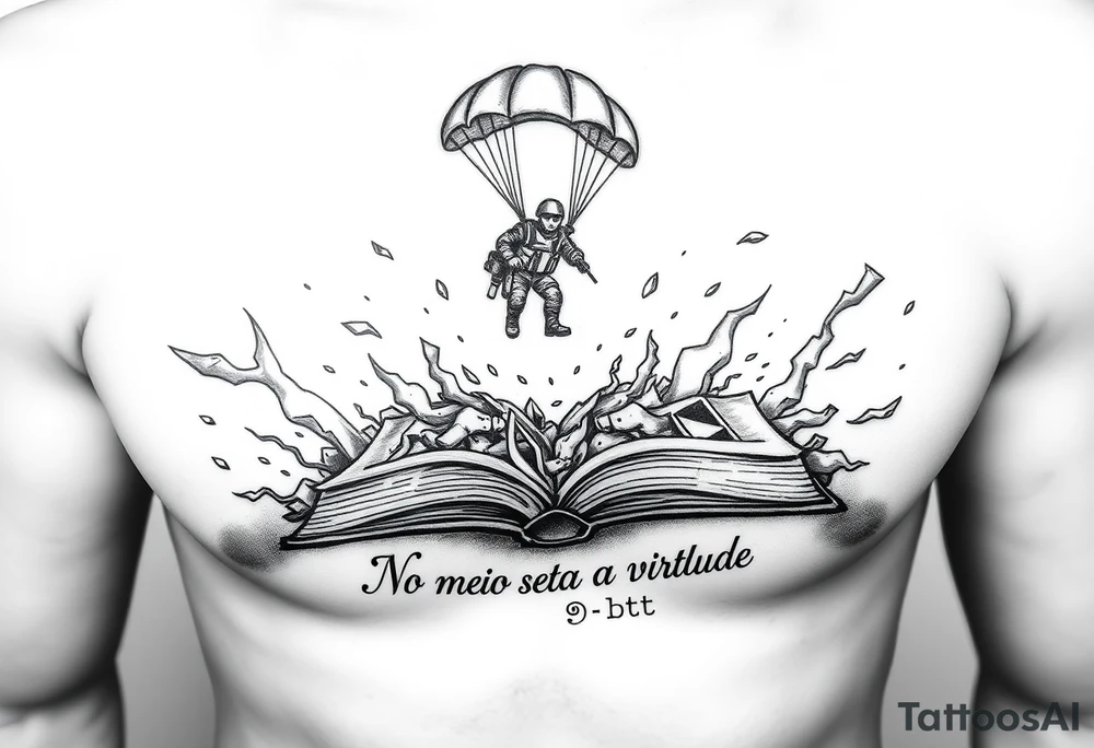 A parachuting soldier landing into an open book. Chaos surrounding, but the book is protecting the soldier from it. On the chest. Make it smaller. Make it thought provoking. "No meio esta a virtude" underneath the book tattoo idea
