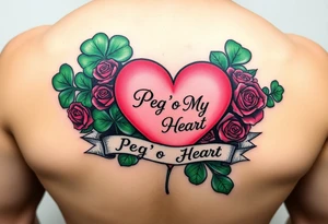 Bunch of Green shamrocks & a few red roses with a big Pink heart and a banner across the heart that says " Peg 'o My Heart" tattoo idea