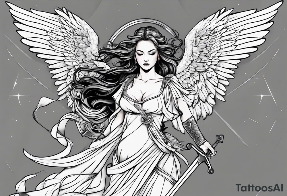 female angel with sword flying in the sky tattoo idea