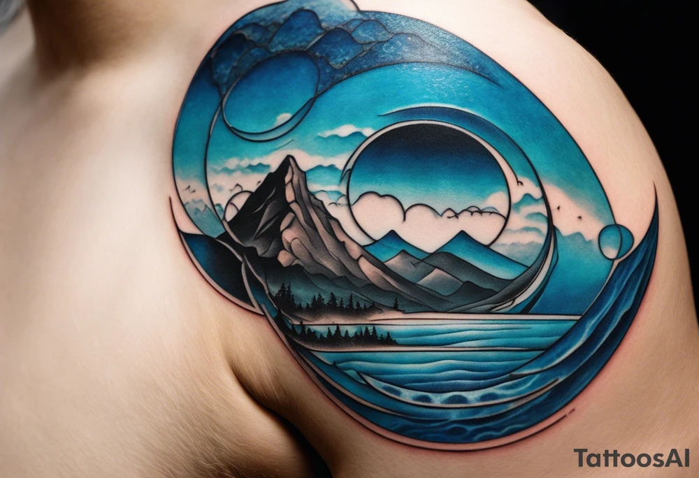 This is a minimalistic tattoo split into 2 distinct sections; a top half and a bottom half. The top half is a mountain in Norway with a windy mountain bike trail wrapping around the mountain. The bottom half of the tattoo depicts an underwater ocean scene, featuring blue water and sea life including a manta ray and sea turtle. tattoo idea