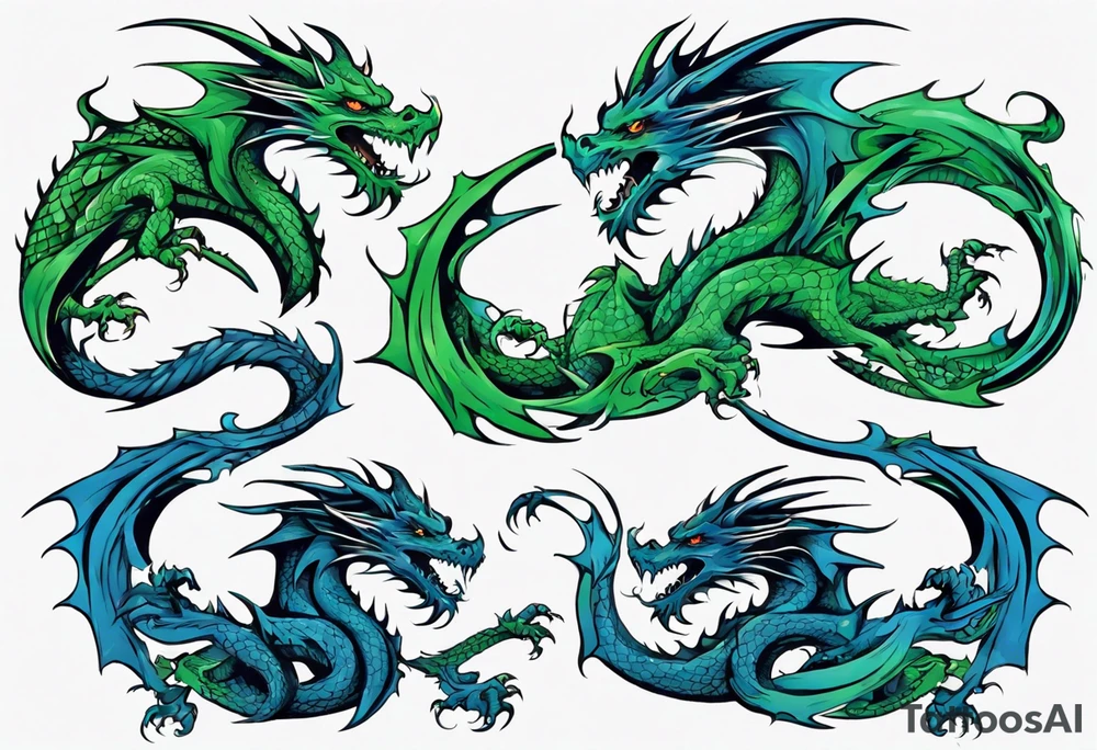 2 dragons one green and other blue tattoo idea