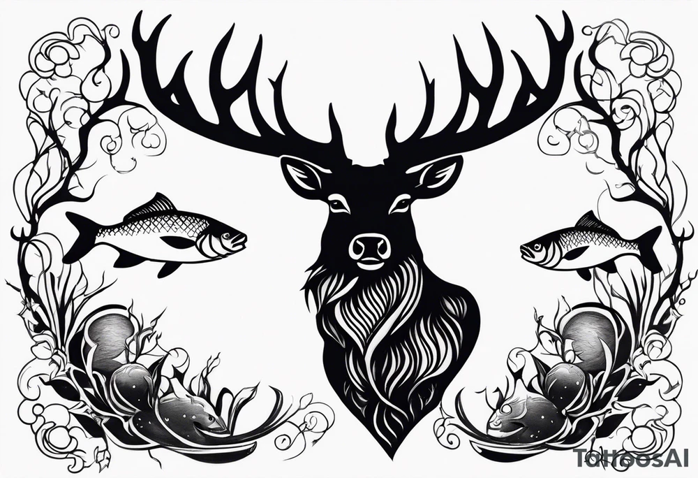 stag and fish with fishhook tattoo idea