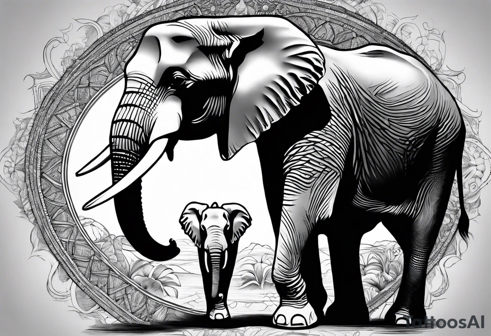 A very detailed elephant facing forward with a boy holding onto the trunk tattoo idea
