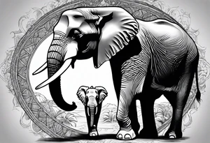 A very detailed elephant facing forward with a boy holding onto the trunk tattoo idea