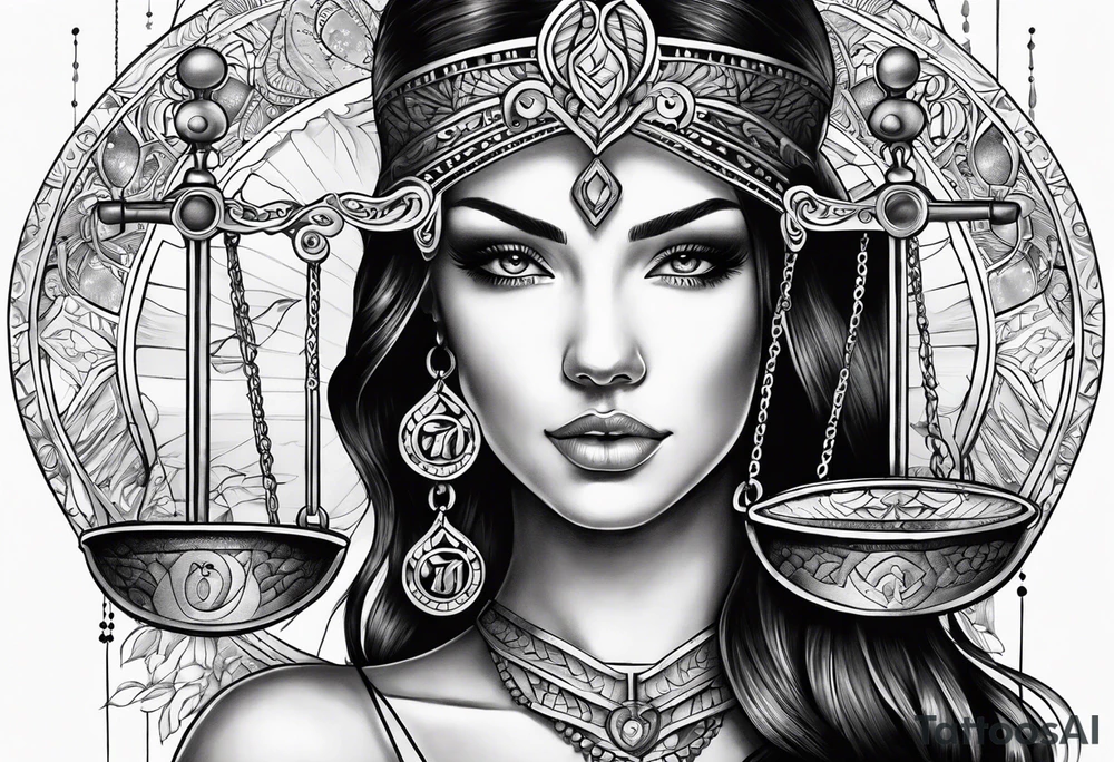 Intricate libra scales held by a beautiful woman tattoo idea